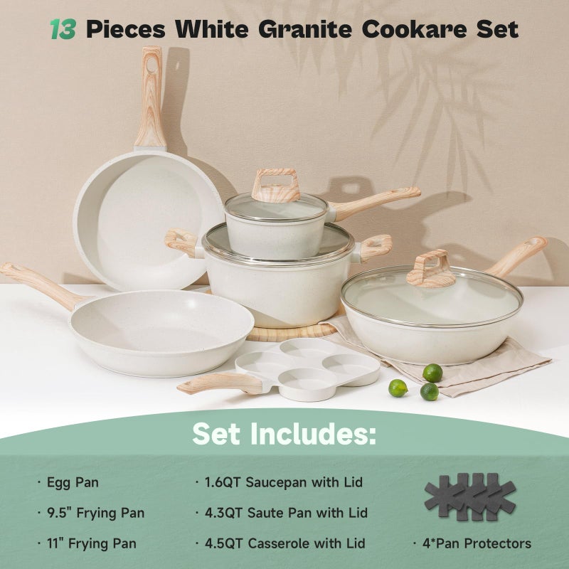 SODAY 13 Pcs Pots and Pans Set, Nonstick Cookware Sets White Granite Induction Cookware, Non-toxic Healthy Non stick Kitchen Cooking Set with Frying Pans Set, Saucepans (PFAS/PFOA/PFOS Free) - Image 2