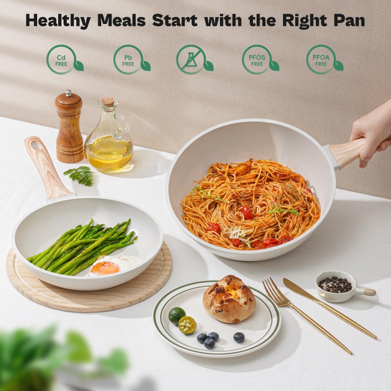 SODAY 13 Pcs Pots and Pans Set, Nonstick Cookware Sets White Granite Induction Cookware, Non-toxic Healthy Non stick Kitchen Cooking Set with Frying Pans Set, Saucepans (PFAS/PFOA/PFOS Free) - Image 5