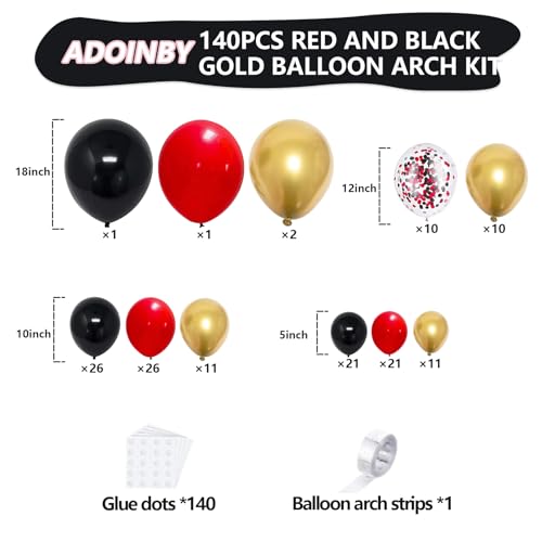 ADOINBY Red and Black Gold Balloons Arch Kit, 140Pcs Different Sizes inch Red Black Gold Balloon and Confetti Party Balloon Garland Kit for Birthday, Wedding, Graduation, Anniversary, Prom Decorations - Image 2