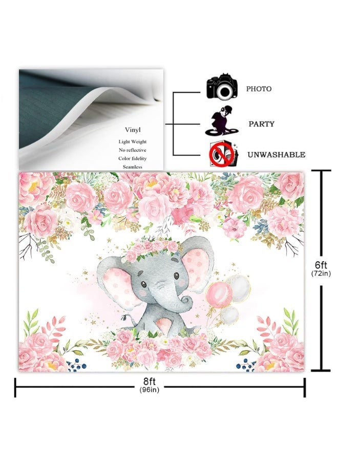 Baby Elephant Backdrop for Girl Baby Shower Blush Pink Floral Elephant Baby Shower Decorations for Girl's Photography Background Photoshoot Favors Supplies (240x180cm) - Image 4