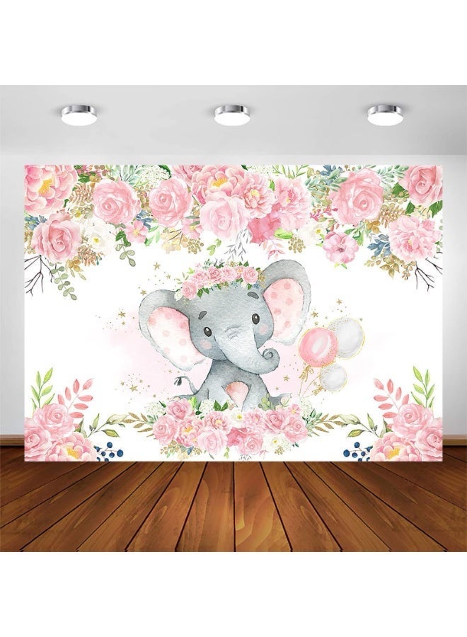 Baby Elephant Backdrop for Girl Baby Shower Blush Pink Floral Elephant Baby Shower Decorations for Girl's Photography Background Photoshoot Favors Supplies (240x180cm) - Image 1