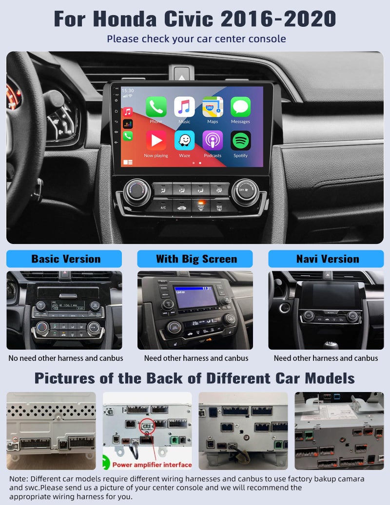 SIXWIN Android 13 Car Stereo Radio for Honda Civic 2016 2017 2018 2019 2020 with Wireless CarPlay Android Auto 1G+32G 9 Inch Touchscreen Bluetooth GPS Navigation WiFi HiFi FM Backup Camera MIC - Image 2