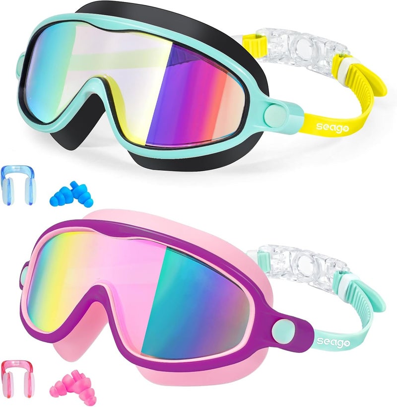 Seago Swim Goggles 2 Pack Anti-Fog Anti-UV Wide View Swimming Goggles for Kids 3-14 - Image 1