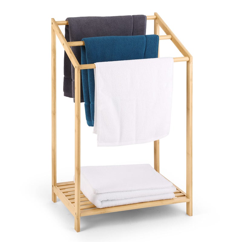 HYNAWIN HYNAWIN Bamboo 3 Tier Towel Rack for Bathroom Freestanding Beach Towel with Storage Shelf Poolside Rack with Bottom Organizer for Bath Hand Towel Laundry 