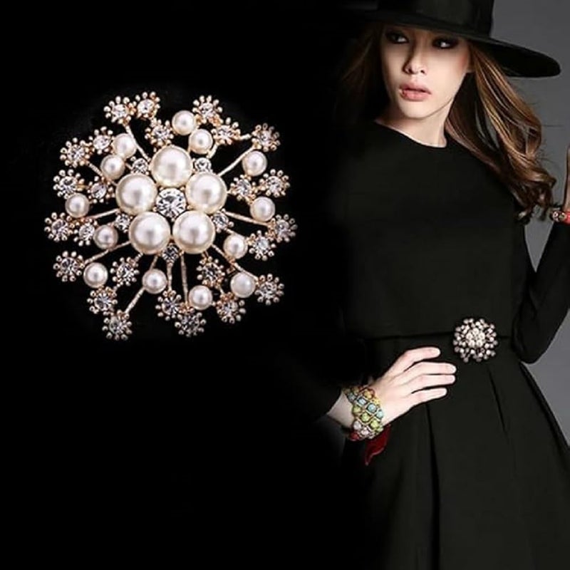 SQLemo Elegant Pearl & Crystal Flower Brooch Pin – Sparkling Rhinestone Wedding Brooch for Saree, Dress, Shawl, Scarf & Party Accessory for Brides & Guests - Image 4