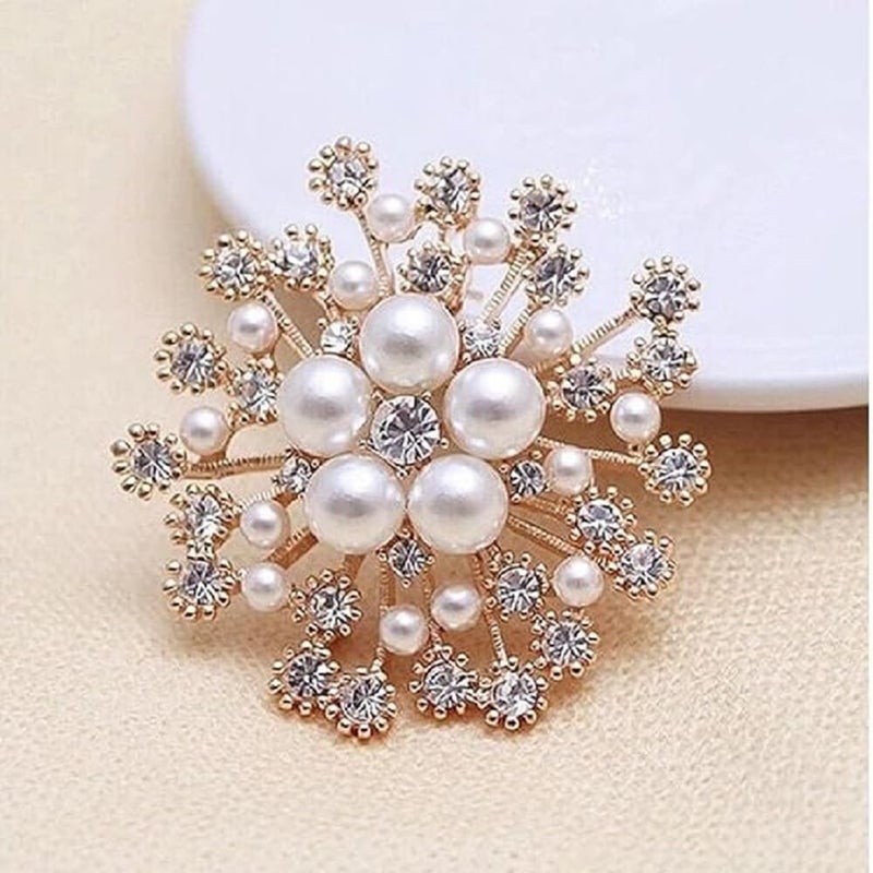 SQLemo Elegant Pearl & Crystal Flower Brooch Pin – Sparkling Rhinestone Wedding Brooch for Saree, Dress, Shawl, Scarf & Party Accessory for Brides & Guests - Image 3