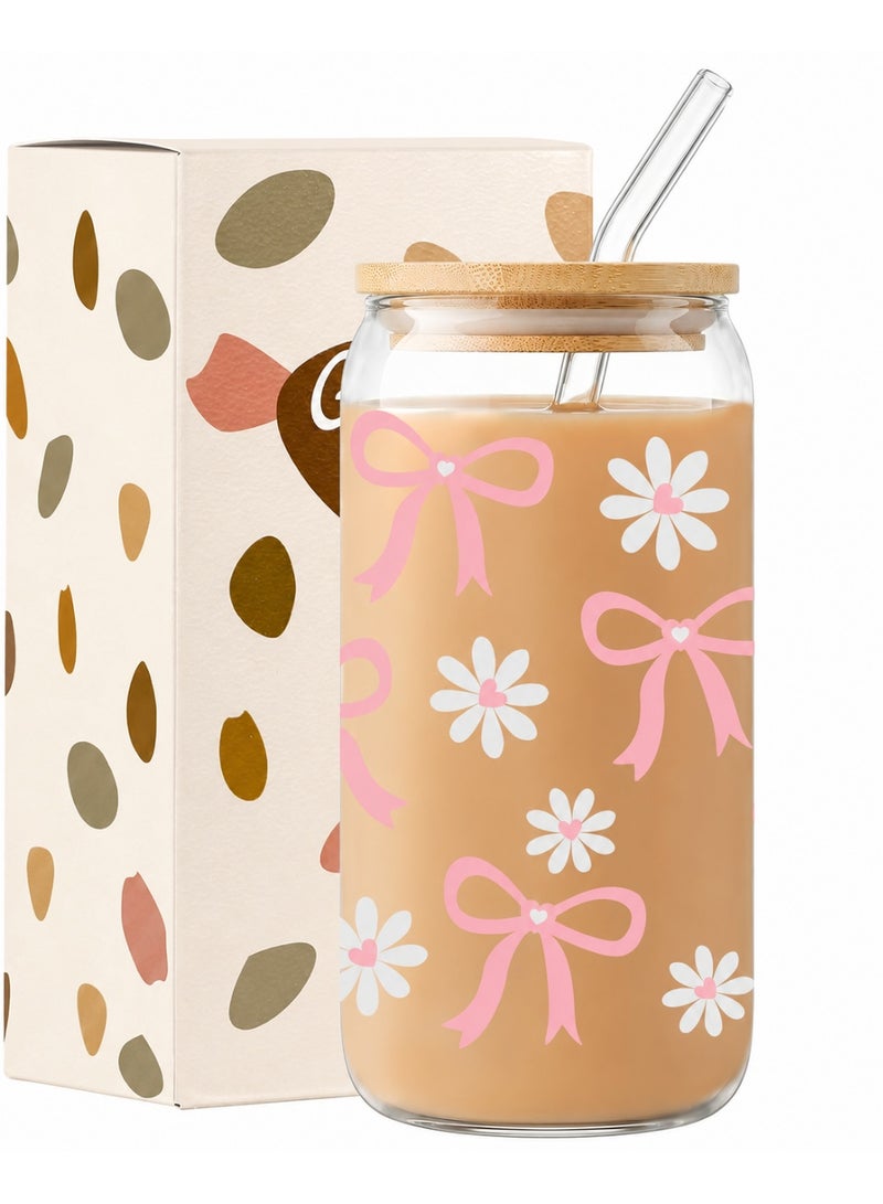 A glass mug decorated with a bow, iced coffee glasses with lids and straws, a stylish 550ml glass mug with a bow, cute pink mugs for girls, women, and friends - Image 1