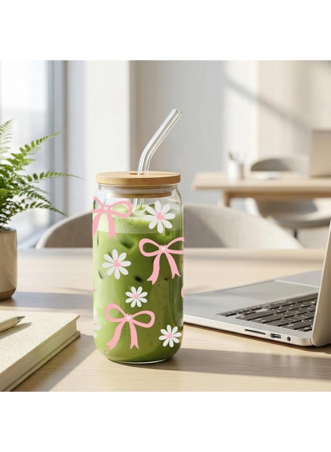 A glass mug decorated with a bow, iced coffee glasses with lids and straws, a stylish 550ml glass mug with a bow, cute pink mugs for girls, women, and friends - Image 3