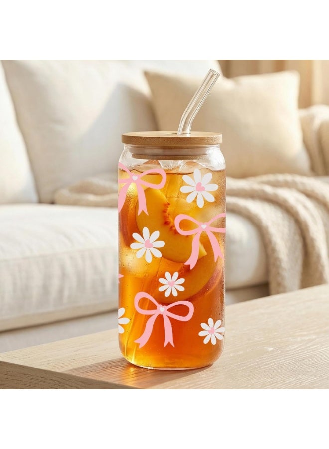 A glass mug decorated with a bow, iced coffee glasses with lids and straws, a stylish 550ml glass mug with a bow, cute pink mugs for girls, women, and friends - Image 2