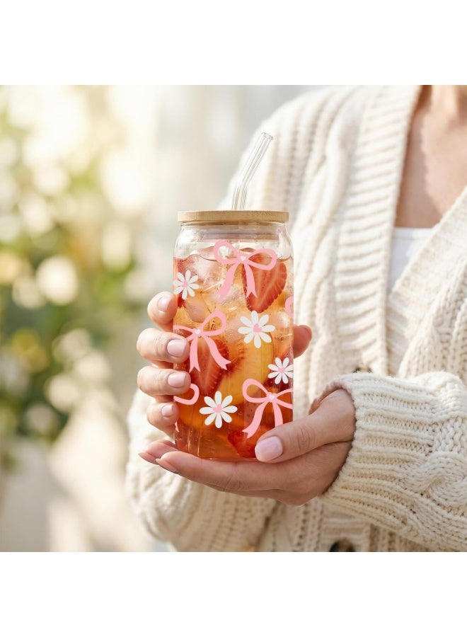 A glass mug decorated with a bow, iced coffee glasses with lids and straws, a stylish 550ml glass mug with a bow, cute pink mugs for girls, women, and friends - Image 4