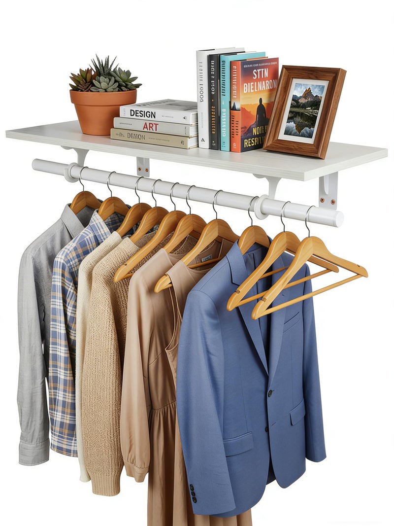 FIRJOY Wall Mounted Clothes Rack, with Top Shelf and Hanging Rod, Heavy Duty (White, 1 PACK 11.8" x 31.4") - Image 1