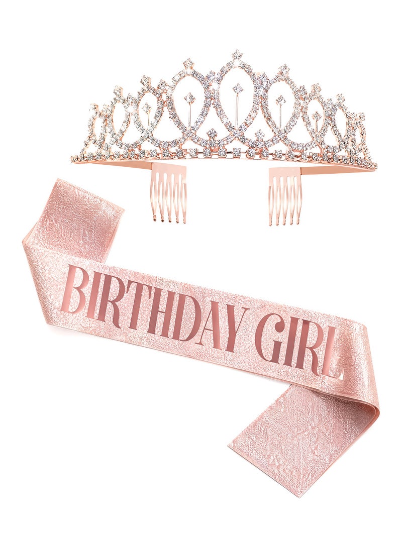 Birthday Queen Sash & Rhinestone Headband Set – Rose Gold Glitter Birthday Sash with Sparkly Crown Tiara, Birthday Girl Accessories, Gifts for Women & Girls, Party Decoration Supplies, Celebration Photo Props - Image 1