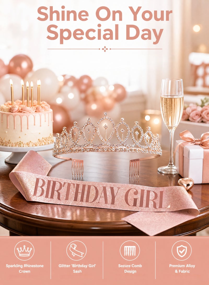 Birthday Queen Sash & Rhinestone Headband Set – Rose Gold Glitter Birthday Sash with Sparkly Crown Tiara, Birthday Girl Accessories, Gifts for Women & Girls, Party Decoration Supplies, Celebration Photo Props - Image 2