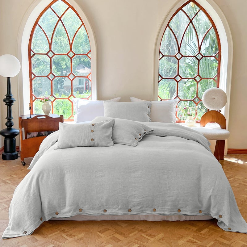 SimpleOpulence 100 Linen Duvet Cover Set 3pcs with Coconut Button Closure Natural French Washed Flax Solid Color Soft Breathable Farmhouse Bedding Light Grey Queen Size