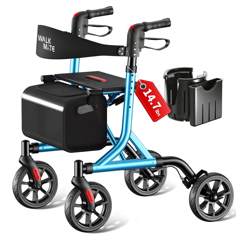 WALK MATE Rollator Walker for Seniors with Cup Holder, Upgraded Thumb Press Button for Height Adjustment, 4 x 8 Wheels Walker with Seat Padded Backrest Folding Lightweight Walking Aid, Blue - Image 1