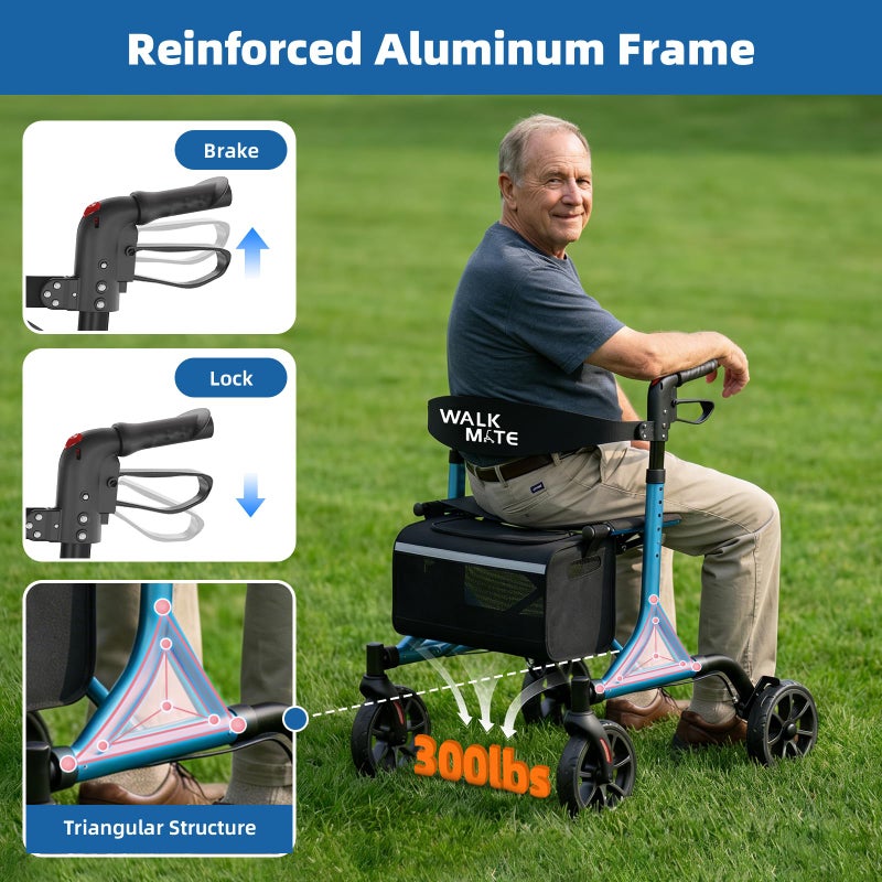WALK MATE Rollator Walker for Seniors with Cup Holder, Upgraded Thumb Press Button for Height Adjustment, 4 x 8 Wheels Walker with Seat Padded Backrest Folding Lightweight Walking Aid, Blue - Image 4