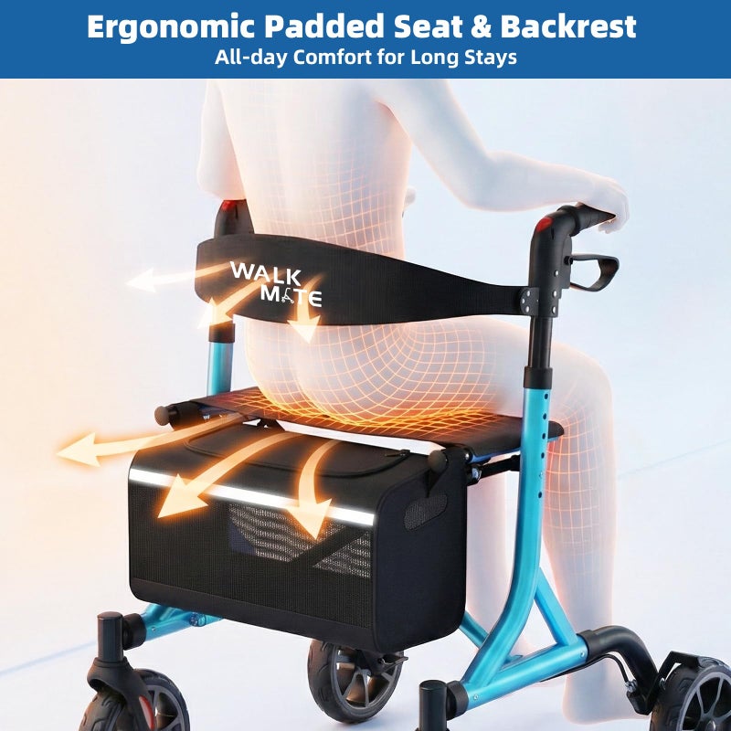 WALK MATE Rollator Walker for Seniors with Cup Holder, Upgraded Thumb Press Button for Height Adjustment, 4 x 8 Wheels Walker with Seat Padded Backrest Folding Lightweight Walking Aid, Blue - Image 3