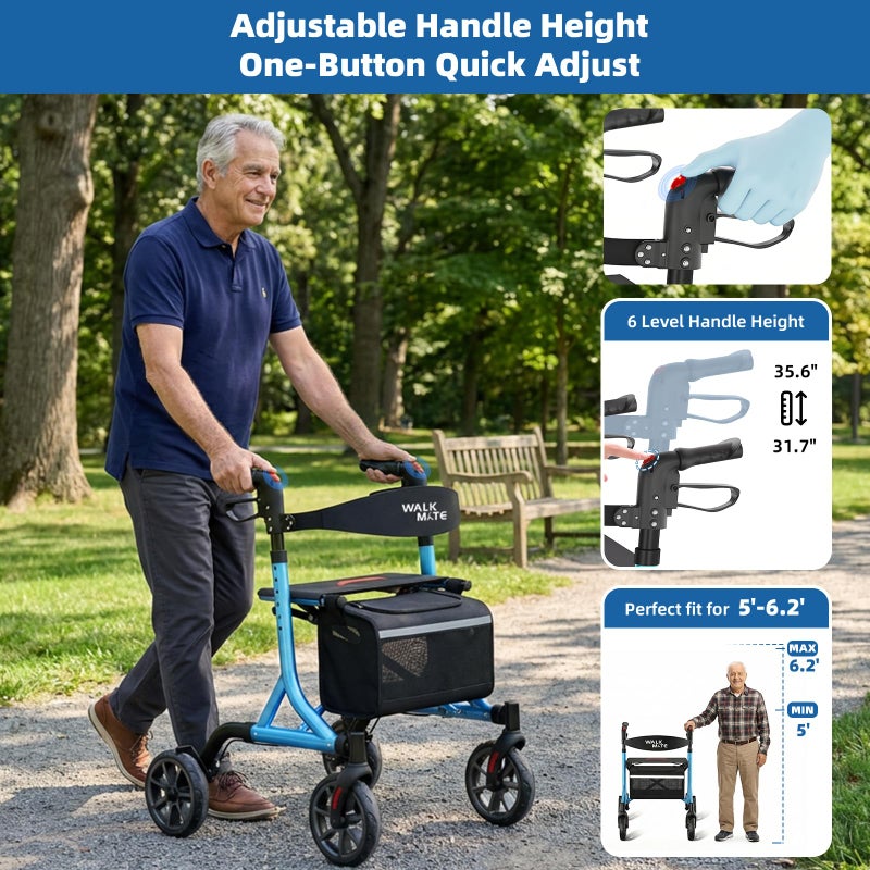 WALK MATE Rollator Walker for Seniors with Cup Holder, Upgraded Thumb Press Button for Height Adjustment, 4 x 8 Wheels Walker with Seat Padded Backrest Folding Lightweight Walking Aid, Blue - Image 5