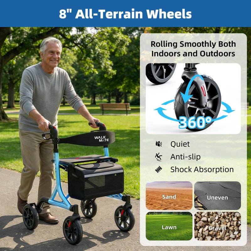 WALK MATE Rollator Walker for Seniors with Cup Holder, Upgraded Thumb Press Button for Height Adjustment, 4 x 8 Wheels Walker with Seat Padded Backrest Folding Lightweight Walking Aid, Blue - Image 2
