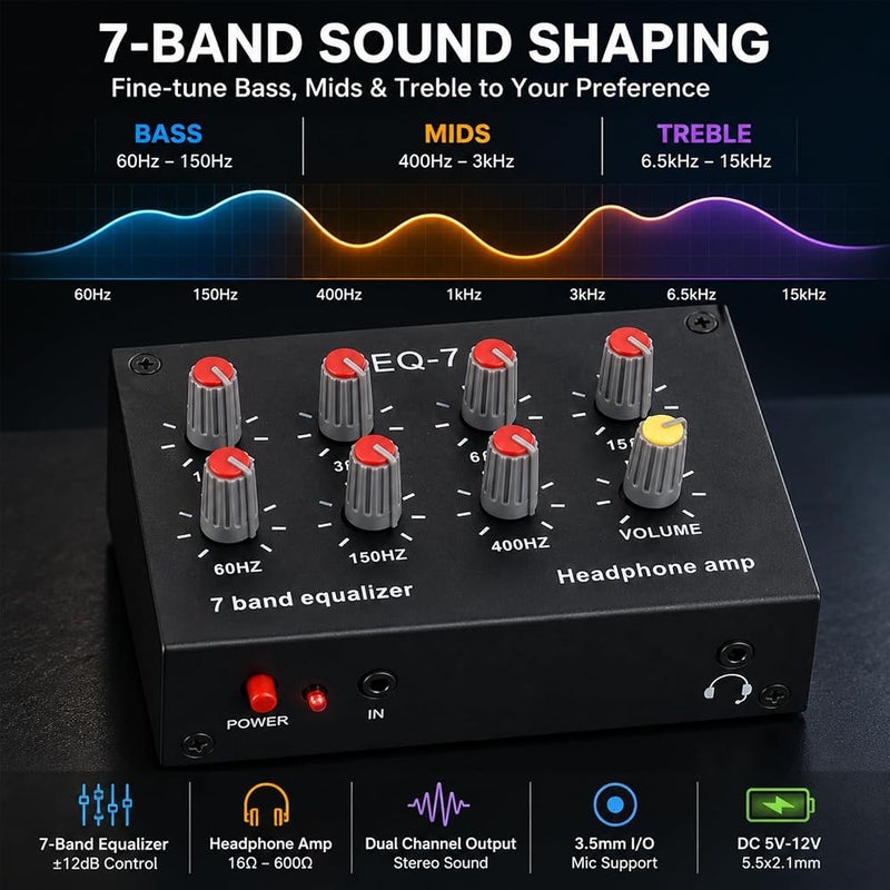 Heayzoki 7 Band Car Audio Equalizer, 7 Band Sound Equalizer, 3.5mm Interface, High Bass Adjustment Dual Channel Sound, Input Output - Image 3