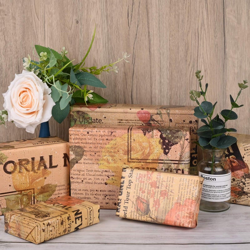 Bolsome 12 Sheets 28 * 20 Inches Reversible Vintage Newspaper Wrapping Paper Double sided Retro Floral Newsprint Gift Wrap Paper for Birthday Wedding Anniversary DIY Craft - Image 4