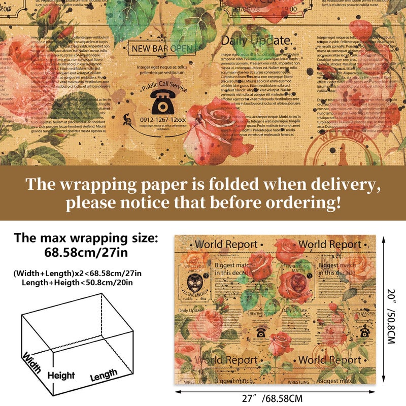 Bolsome 12 Sheets 28 * 20 Inches Reversible Vintage Newspaper Wrapping Paper Double sided Retro Floral Newsprint Gift Wrap Paper for Birthday Wedding Anniversary DIY Craft - Image 2