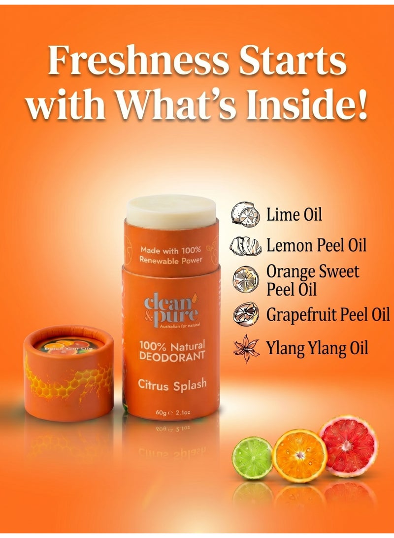 Clean & Pure Citrus Splash Natural Deodorant 60g - Natural Aluminum Free Deodorant Stick Caprylic/Capric Triglyceride Citrus Fresh Aroma - Image 3