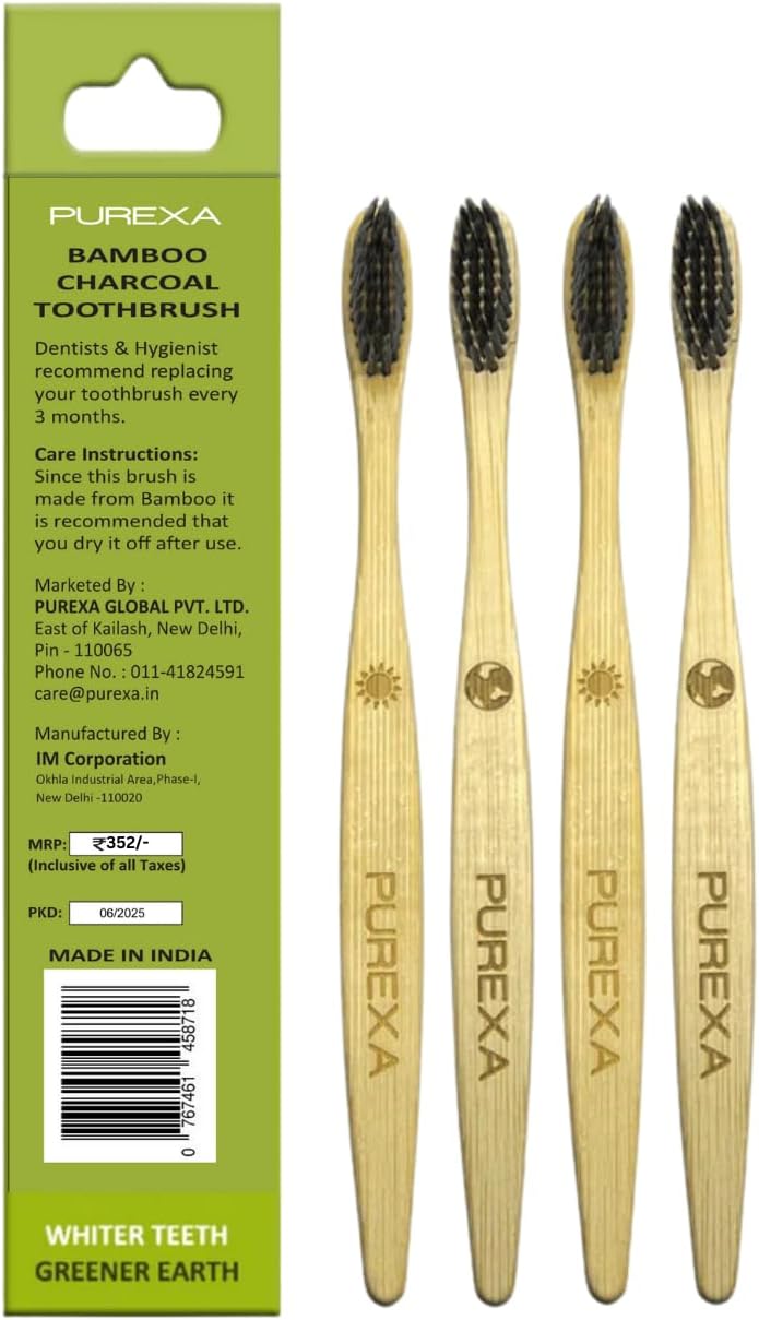 PUREXA Bamboo Charcoal Toothbrush, Soft brush - (Combo pack of 4), With Charcoal Infused soft bristles for Teeth Whitening, Eco-Friendly, Made in India - Image 2