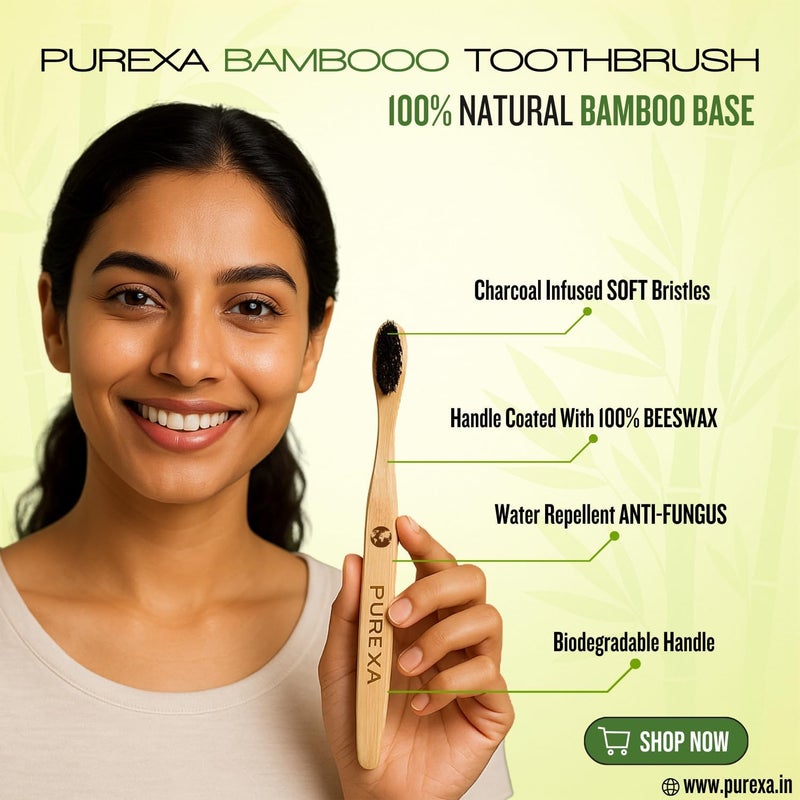 PUREXA Bamboo Charcoal Toothbrush, Soft brush - (Combo pack of 4), With Charcoal Infused soft bristles for Teeth Whitening, Eco-Friendly, Made in India - Image 3