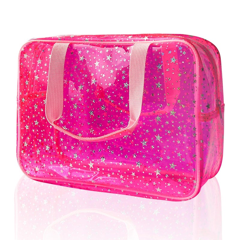 TotePrint Hot Pink Star Large Cosmetic Bag 12x5x8 inch Travel Pouch with HandleDurable PVC MaterialZipper DesignIdeal for MakeupTravel Essentials - Image 2