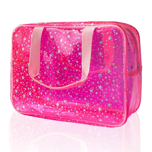 TotePrint Hot Pink Star Large Cosmetic Bag 12x5x8 inch Travel Pouch with HandleDurable PVC MaterialZipper DesignIdeal for MakeupTravel Essentials - Image 1