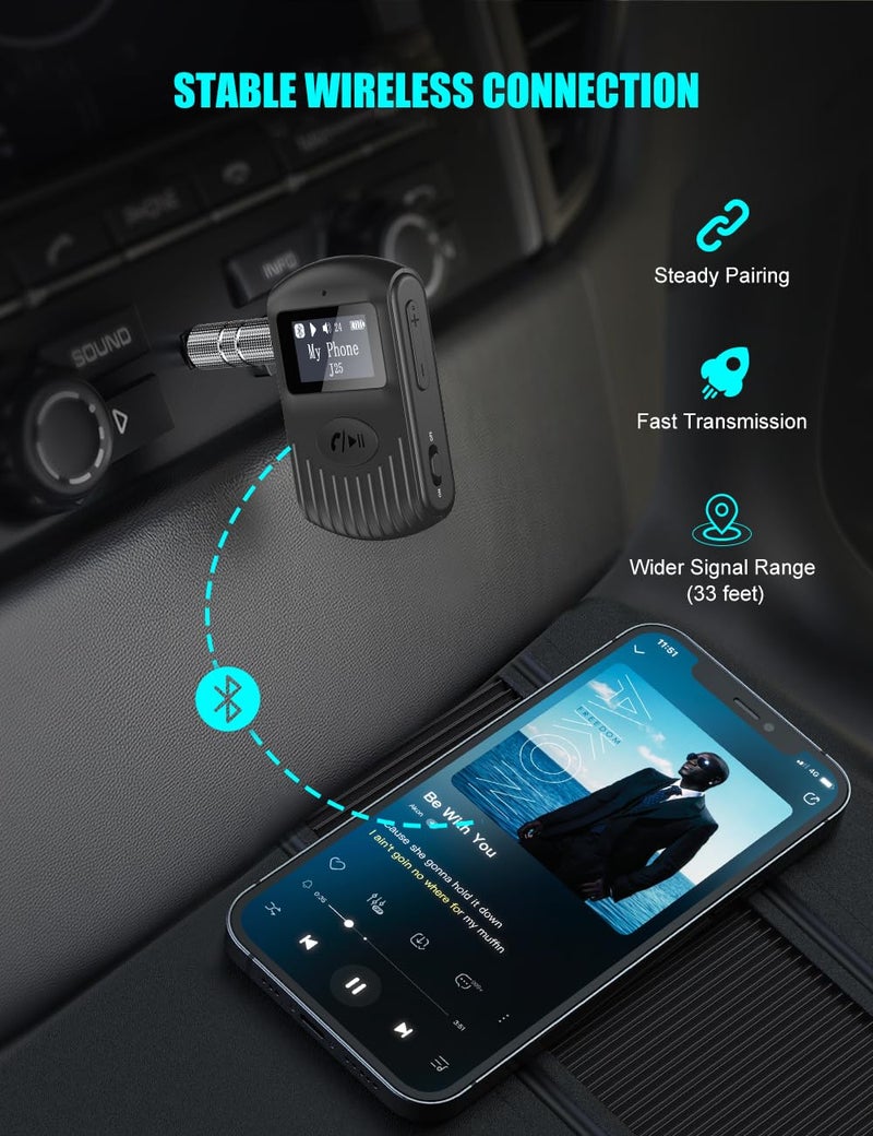 COMSOON Bluetooth Receiver with LCD Screen, Portable 3.5mm AUX Bluetooth 5.0 Adapter for Car/Home Stereo/Speaker/Wired Headphones, Noise Cancelling/Hands-Free Calling/Music Streaming-Black - Image 3