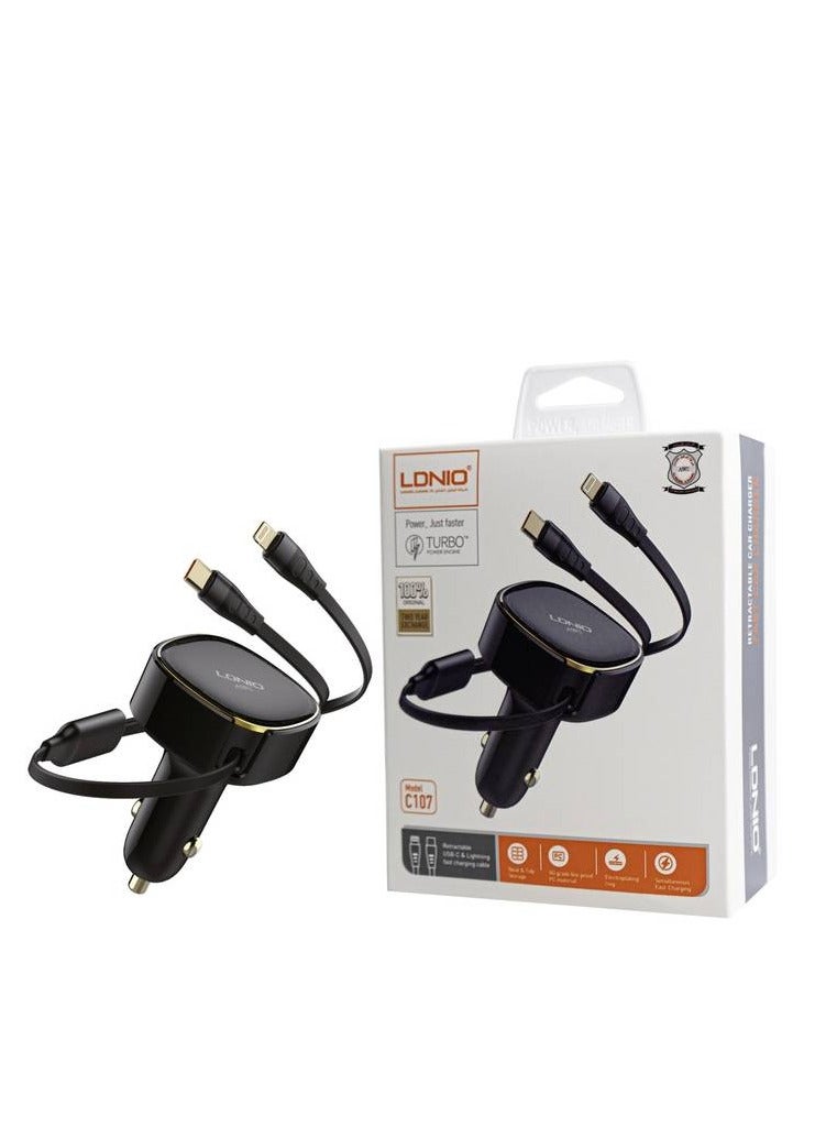 شاحن سيارة 30 واط مع وصلتين Ldnio Lightning +Type-c