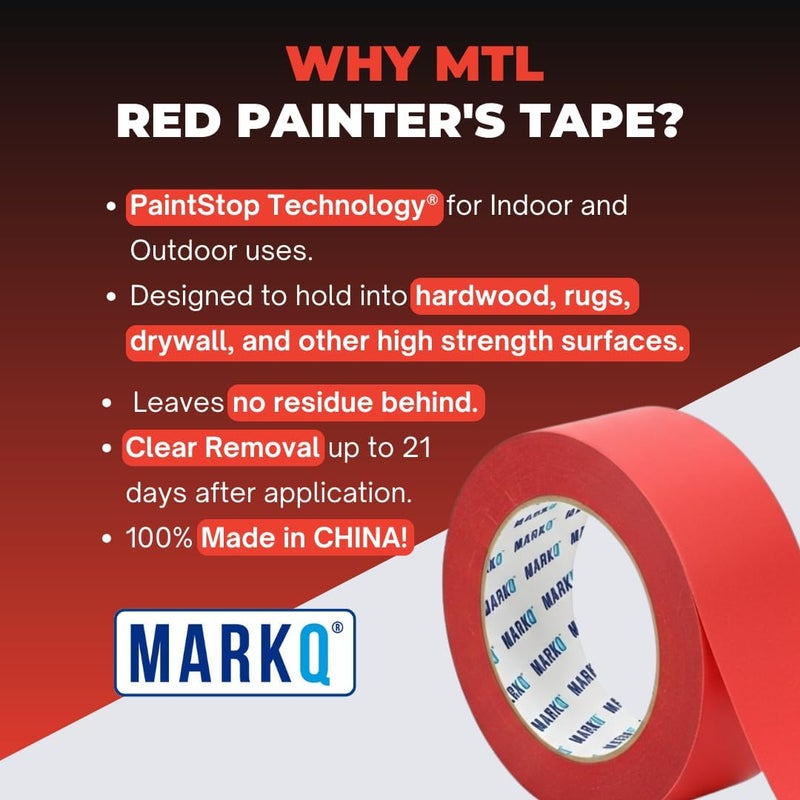 MARKQ شريط لاصق أحمر - عرض 2 بوصة، طول 20 ياردة - إزالة نظيفة، خطوط طلاء حادة - مثالي لمشاريع DIY، التسمية، الفنون والحرف (لفة واحدة) - Image 2