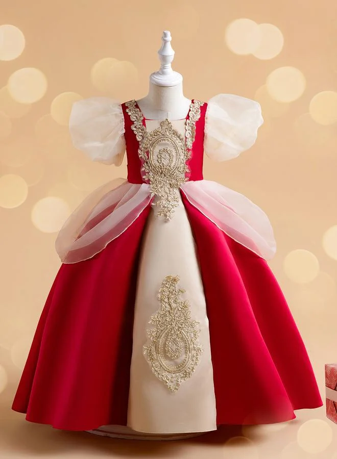 Take Two Red Puff Sleeve Embroidered Dress