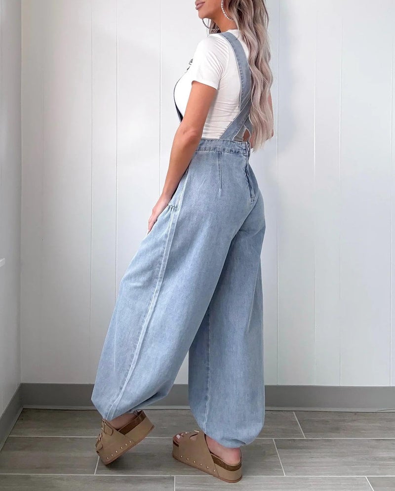yoeasy Women's Denim Bib Overalls Lotus Tube Wide Leg Baggy Jeans Adjustable Strap Pleated Jumpsuits with Drawstring (Large, Light Blue) - Image 5