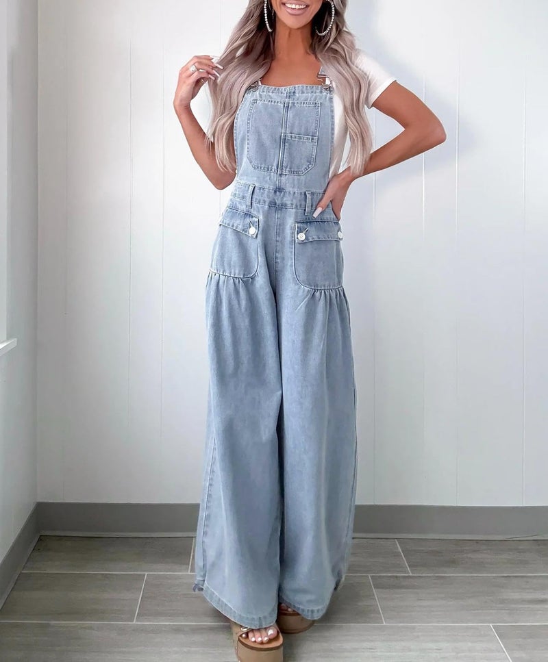 yoeasy Women's Denim Bib Overalls Lotus Tube Wide Leg Baggy Jeans Adjustable Strap Pleated Jumpsuits with Drawstring (Large, Light Blue) - Image 4