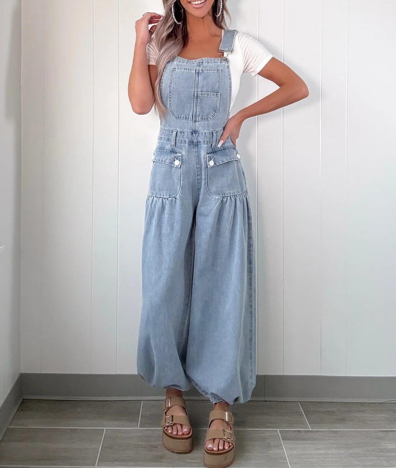 yoeasy Women's Denim Bib Overalls Lotus Tube Wide Leg Baggy Jeans Adjustable Strap Pleated Jumpsuits with Drawstring (Large, Light Blue) - Image 2