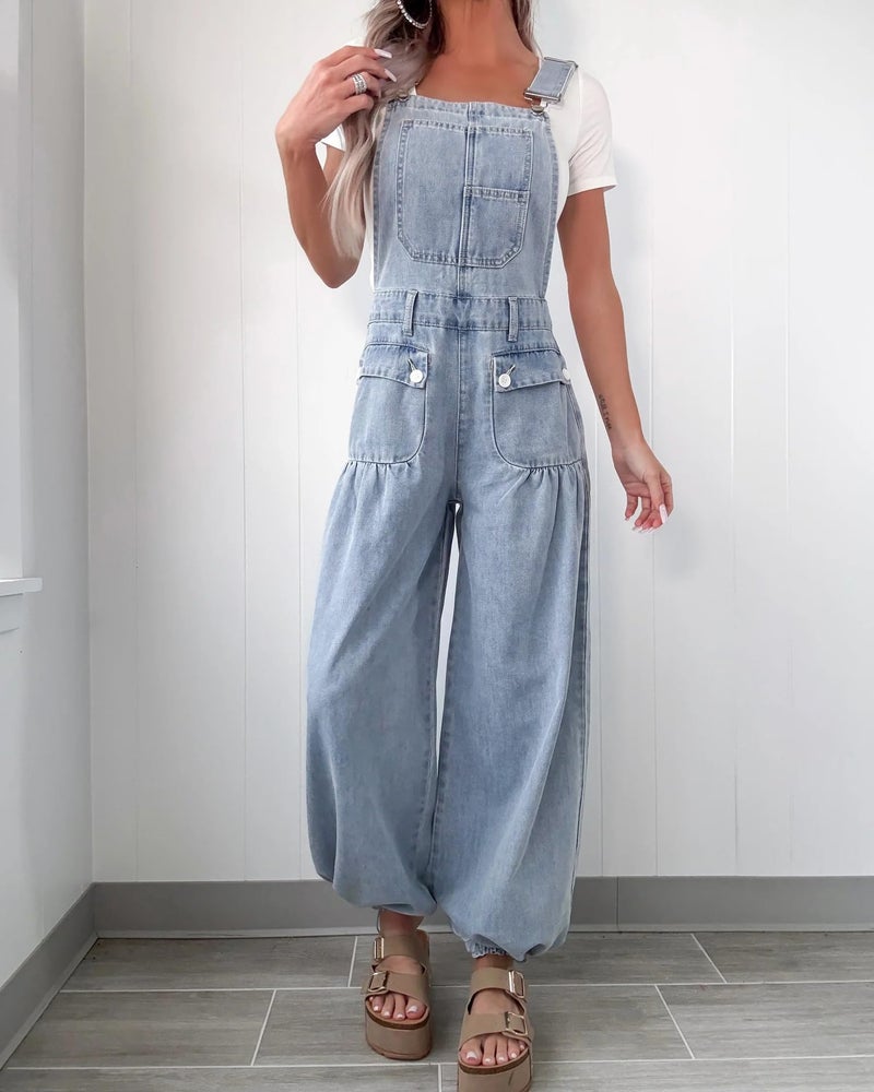 yoeasy Women's Denim Bib Overalls Lotus Tube Wide Leg Baggy Jeans Adjustable Strap Pleated Jumpsuits with Drawstring (Large, Light Blue) - Image 3