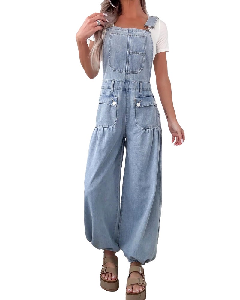 yoeasy Women's Denim Bib Overalls Lotus Tube Wide Leg Baggy Jeans Adjustable Strap Pleated Jumpsuits with Drawstring (Large, Light Blue) - Image 1