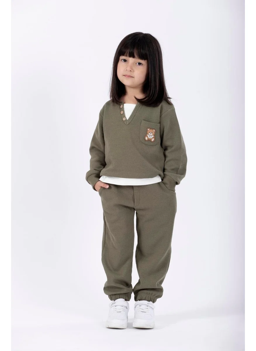 Zepkids Crew Neck Long Sleeve Teddy Bear Embroidered Garter Waist Elastic Leg Khaki Color Girls Tracksuit Set