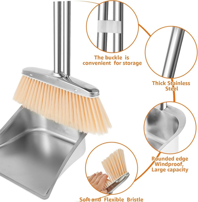 Dandelionsky Metal Dustpan and Brush Sets Long Handle Broom and Dustpan Set Stainless Steel Upright Sweeper and Dustpan Set for Indoor Outdoor Home Office Dorm Pet Hair (B, square) - Image 2