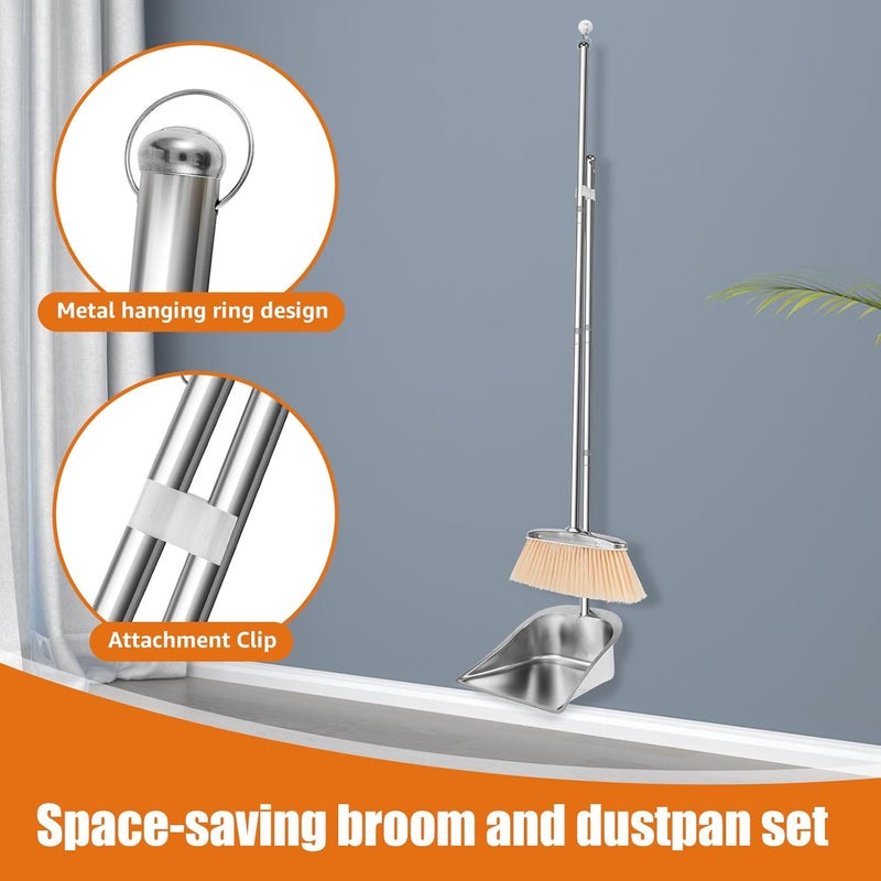 Dandelionsky Metal Dustpan and Brush Sets Long Handle Broom and Dustpan Set Stainless Steel Upright Sweeper and Dustpan Set for Indoor Outdoor Home Office Dorm Pet Hair (B, square) - Image 3