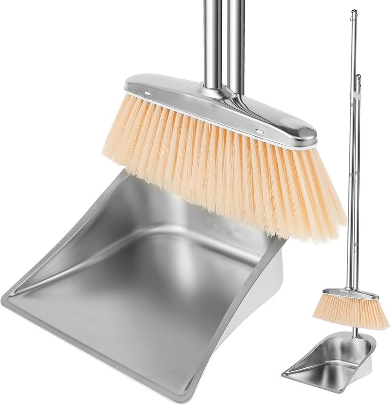 Dandelionsky Metal Dustpan and Brush Sets Long Handle Broom and Dustpan Set Stainless Steel Upright Sweeper and Dustpan Set for Indoor Outdoor Home Office Dorm Pet Hair (B, square) - Image 1
