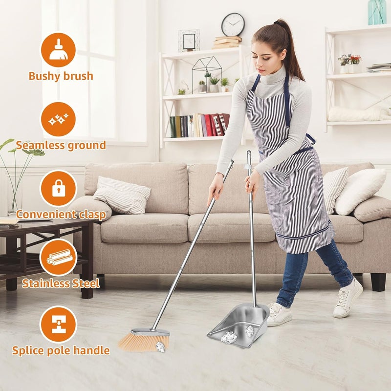Dandelionsky Metal Dustpan and Brush Sets Long Handle Broom and Dustpan Set Stainless Steel Upright Sweeper and Dustpan Set for Indoor Outdoor Home Office Dorm Pet Hair (B, square) - Image 5