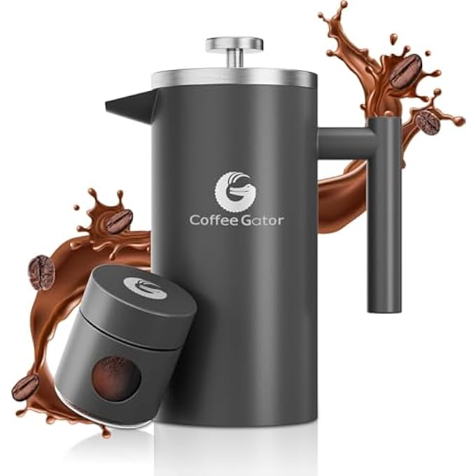 Coffee Gator Large French Press Maker  Vacuum Insulated Stainless Steel 34 Floz Grey - Image 1