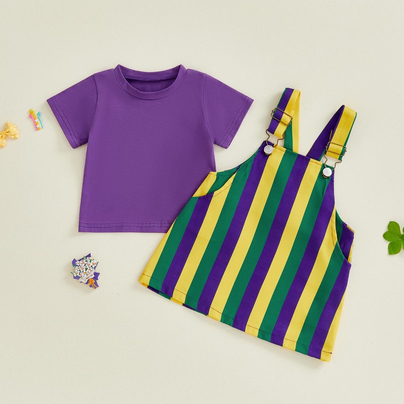 Yccutest Little Toddler Girl Mardi Gras Outfit Kids Short Sleeve T-shirt Adjustable Overall Dress Carnival Clothes For Girls (Purple, 3-4T) - Image 3