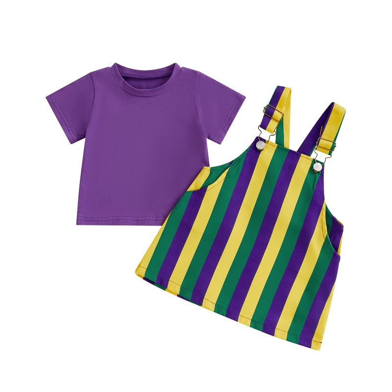 Yccutest Little Toddler Girl Mardi Gras Outfit Kids Short Sleeve T-shirt Adjustable Overall Dress Carnival Clothes For Girls (Purple, 3-4T) - Image 1
