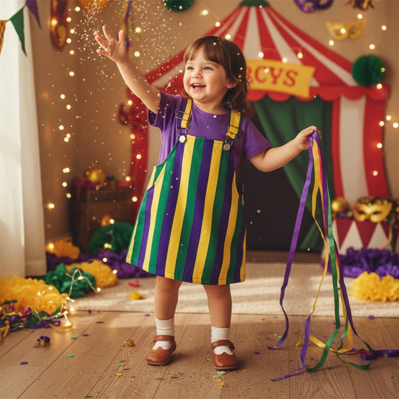 Yccutest Little Toddler Girl Mardi Gras Outfit Kids Short Sleeve T-shirt Adjustable Overall Dress Carnival Clothes For Girls (Purple, 3-4T) - Image 2