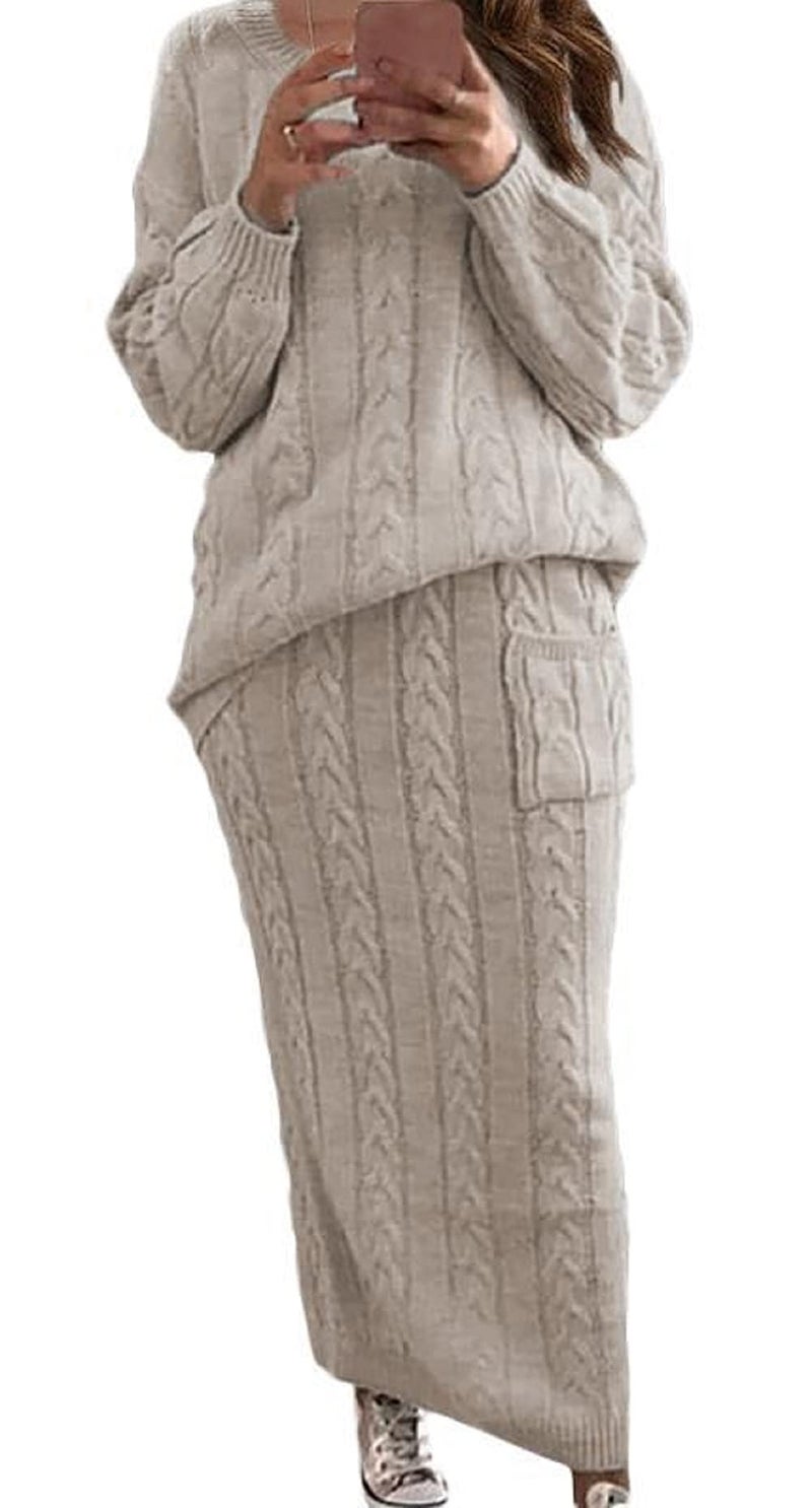 CHARTOU Womens Winter Chunky Cable Knit Long Skirt 2 Piece Outfit Sweater Sets XLarge Apricot